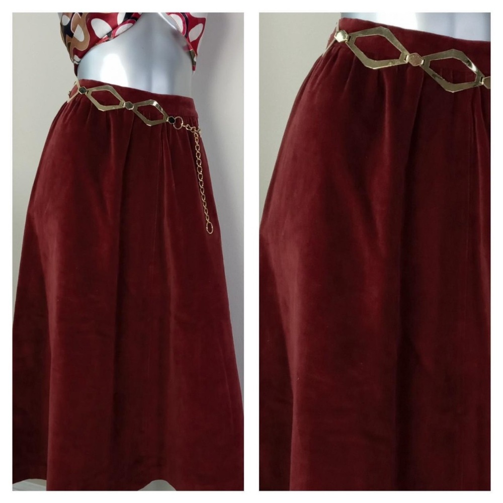 Burgundy Cotton Velvet Velveteen Midi Skirt